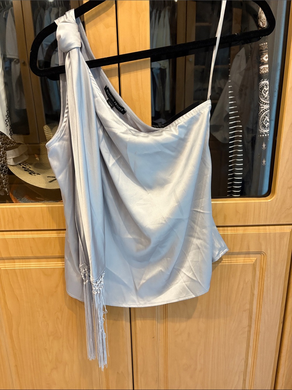 Boston Proper Silver One-Shoulder Satin top with Fringe size 8